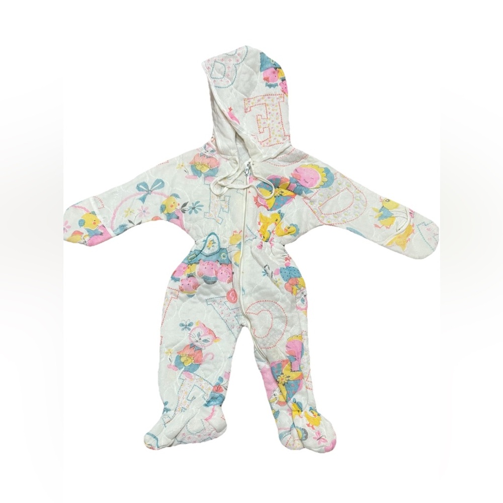 Vintage 60s 70s Quilted Pram Suit Baby Girl Hooded Jumpsuit MADE IN USA Animals